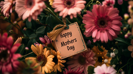 Happy Mother's Day. Beautiful flowers on colorful background, flat lay, card.