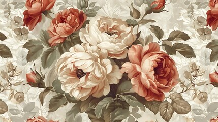 An antique wallpaper design showcasing richly detailed roses and tulips in a tapestry-like pattern. The flowers are rendered in soft, vintage hues with intricate details,