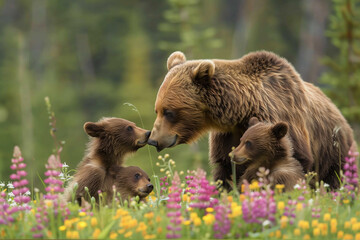 Fototapeta premium A mother bear with her cubs in the forest