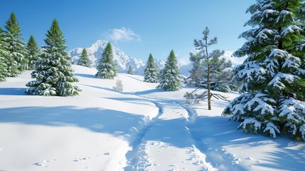 Snowy mountain hiking trail with evergreen trees, serene winter path, snow-covered ground, tranquil and inviting