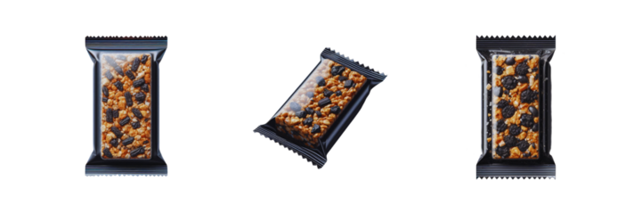 Set of pack of Granola bar in transparent Packaging, isolated over on transparent white background