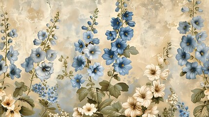 An elegant vintage wallpaper depicting classic cottage flowers of delphiniums and foxgloves. The flowers feature intricate details and soft, muted hues, with a quaint,