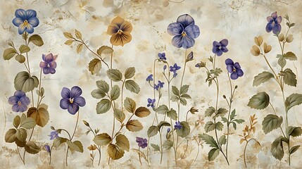 An elegant vintage wallpaper depicting heritage herbarium with pressed flowers of forget-me-nots and violets.