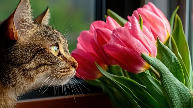 Thai Cat Playing With Wilted Tulips On A Windowsill