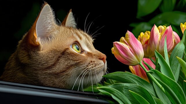 Thai Cat Playing With Wilted Tulips On A Windowsill