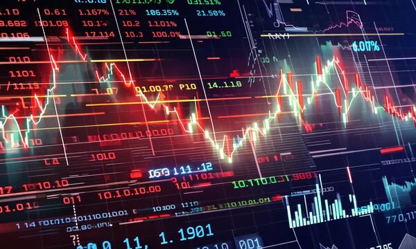 Financial Rollercoaster: A high-tech stock market graph in fiery hues depicts the volatile nature of trading, with dramatic peaks and valleys illustrating risk and reward. 