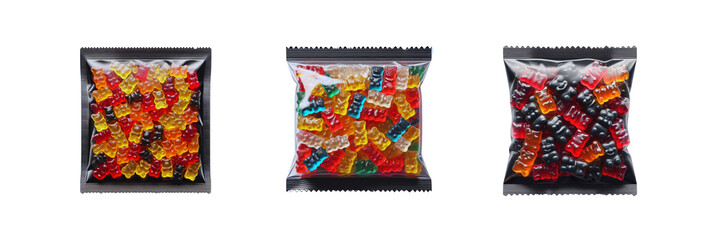 Set of pack of Colorful Gummy bears in transparent Packaging, isolated over on transparent white background