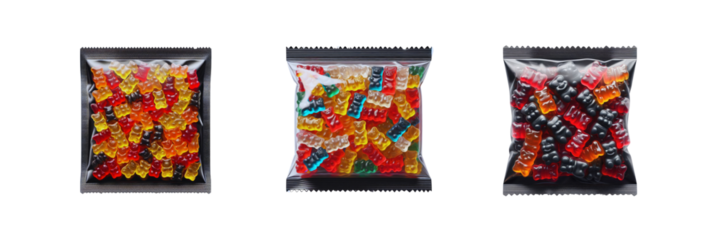 Set of pack of Colorful Gummy bears in transparent Packaging, isolated over on transparent white background