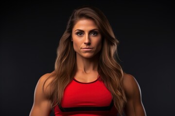 Fototapeta premium A woman with long brown hair is wearing a red tank top