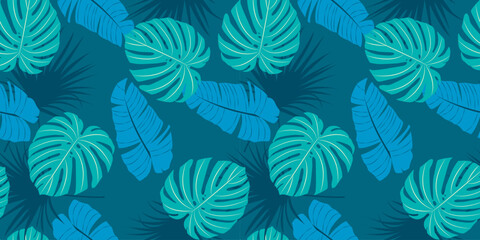 Modern colorful tropical pattern with leaves . Cute botanical abstract contemporary seamless blue pattern with exotic plants. Hand drawn unique print for wrapping paper, fabric print, wallpaper.