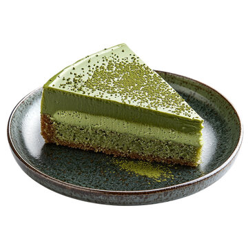 recommend clip art: Matcha cheesecake slice with green tea powder topping on a ceramic plate and transparent background clipart isolate