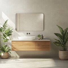 Fototapeta premium A bathroom with a sink, mirror, and potted plants. The bathroom has a modern and clean look