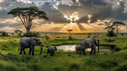 Elephants on Grasslands Under Stormy Sky