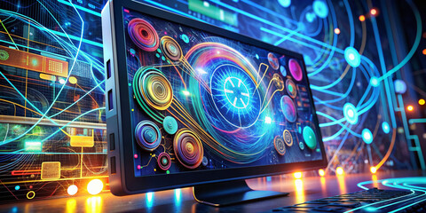 Modern computer screen displaying a vibrant digital dashboard with swirling patterns, glowing icons, and futuristic graphics, surrounded by tangled wires and cables.