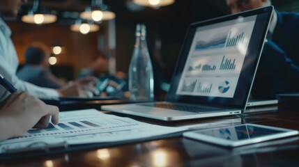 A group of people are working on a laptop with graphs and charts on a table
