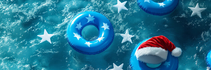 Festive Blue White star print Pool inflatable blow up ring Float Xmas Santa Hat Clear Blue Water Summer Christmas Concept Patriotic Holiday Vacation Copy Space banner