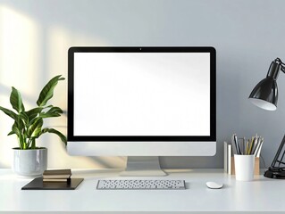 White screen on desktop computer in modern home office with stylish decor