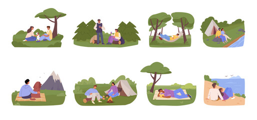 outdoor rest. summer nature leisure relaxed persons in forest, people relaxing lying in hammocks, camping hiking activities. vector cartoon concept graphics.