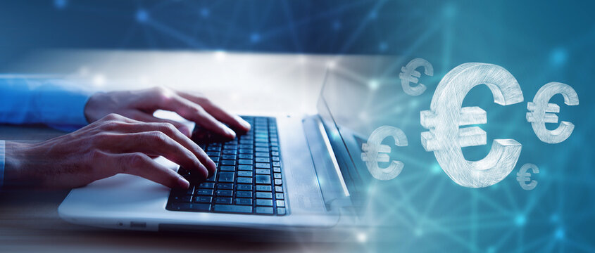 businessman typing on laptop with euro banknote - Powered by Adobe