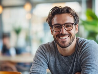Fototapeta premium Happy young freelancer works on a laptop in a cafe, exuding confidence and contentment. His positive expression reflects joy and ambition in business