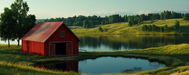 Obraz premium Barn by a lake, serene rural environment, flat design illustration