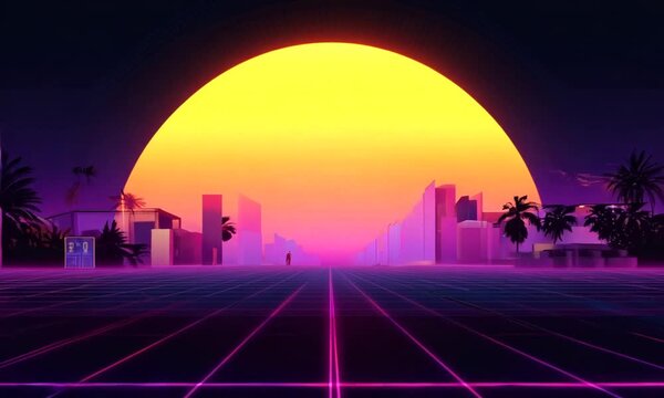 Neon Sunset Boulevard: A lone figure walks into a vibrant, retro-futuristic sunset over a neon-lit cityscape. 80s vibes, synthwave aesthetic. 
