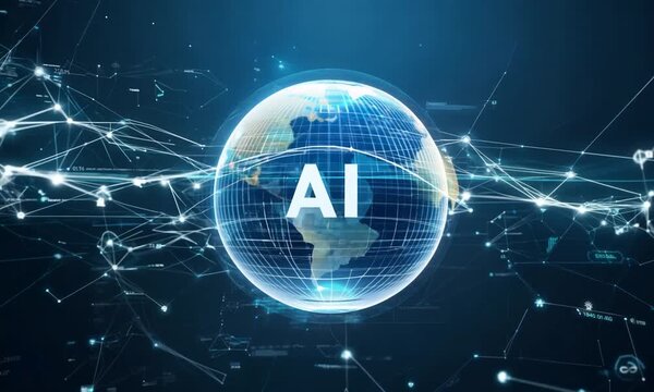 AI's Global Reach: A 3D rendering depicting the global impact of artificial intelligence, with a vibrant Earth enveloped by intricate neural networks, symbolizing AI's transformative power. 