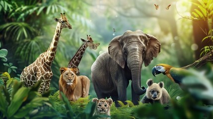 Obraz premium Diverse Range Of Wild Zoo Animals Gathering On forest Background 3d