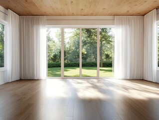 Fototapeta premium A large open room with white curtains and a wooden floor. The room is empty and has a clean, minimalist look