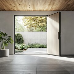 Obraz premium A large open door leads to a courtyard with a potted plant and a tree. The door is made of wood and has a black handle. The scene is bright and inviting