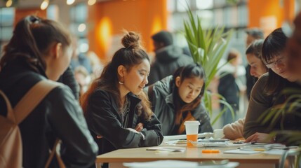A scene at a vibrant career fair with people gathered around a table, engaging in interaction and networking