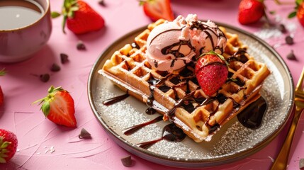 chocolate and caramel maple or honey syrup with ice cream scoop fresh baked waffles morning breakfast