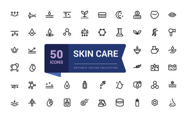 Skin care line icons set. Moisture cream, acid, anti wrinkle serum, creamed, collagen. Pixel perfect, minimalistic web and UI icon. Outline icon collections.