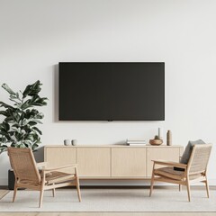 A television is mounted on the wall in a living room. There are two chairs in front of the television, one on the left and one on the right. A potted plant is placed in the room