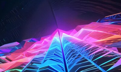 Neon Ascent: A vibrant abstract composition of geometric shapes, illuminated by neon lights, converging towards a central point. Ideal for digital art, music, and futuristic themes. 