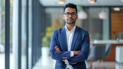 Fototapeta premium Confident Indian businessman looking at camera standing in modern office.&nbsp;Handsome classy corporation owner.&nbsp;Business portrait