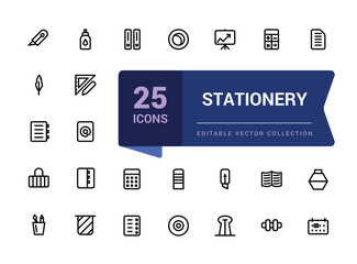 Set of stationery corporate office icon. Containing pen, notebook, stapler, scissors, envelope. Pixel perfect, minimalistic web and UI icon. Outline icon collections.