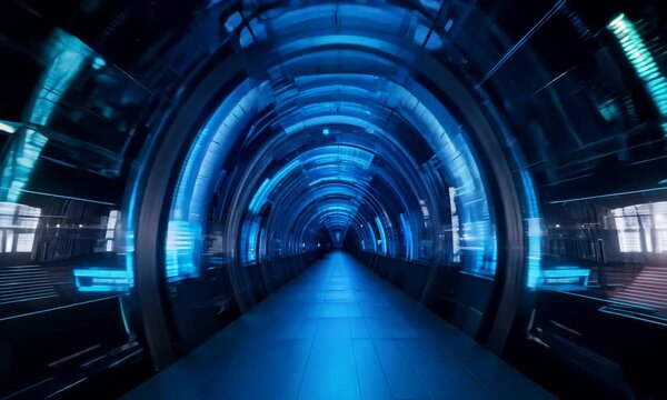 Blue Neon Tunnel:  A futuristic, abstract tunnel illuminated with vibrant blue neon lights, creating an ethereal and mesmerizing visual. The glowing arches and reflective surfaces evoke a sense of dep