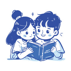 Two children enjoying a storybook, simple blue and white illustration.
