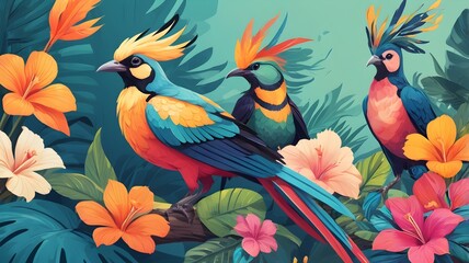 Graphic design with motifs of summer exotic birds in bright colors

