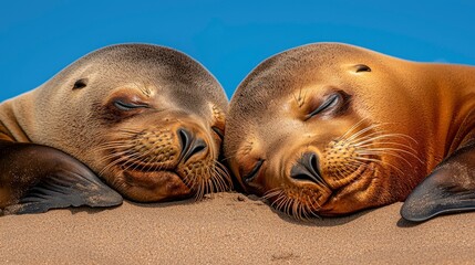 Obraz premium Sea Lions Resting On A Sandy Beach, Interacting
