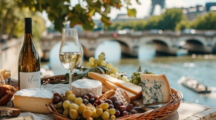 romantic picnic by the seine river in paris cheese platter and wine, generative ai