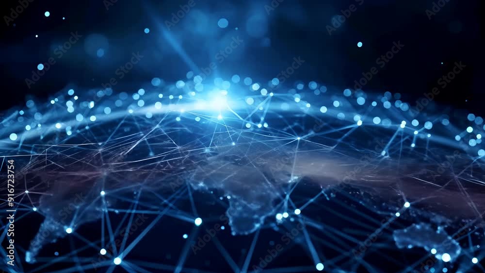 Wall mural video of global network visualization with interconnected lines and points over digital earth, glowi