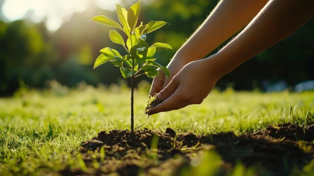A person planting a tree in a lush green field, symbolizing growth, hope, and the uplifting feeling of contributing to a better future for the environment. - Powered by Adobe