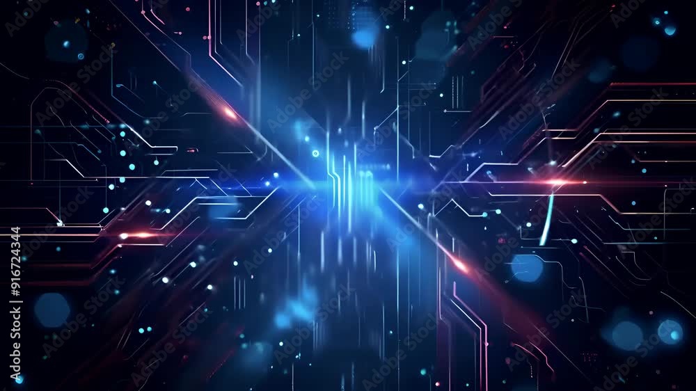 Wall mural video of futuristic digital interface with glowing circuits and complex connections, advanced techno