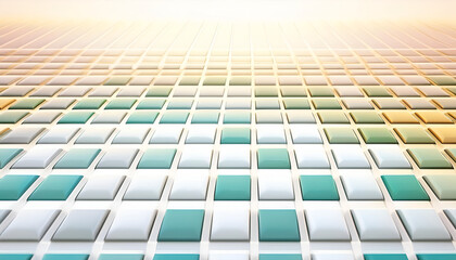 Abstract geometric pattern with turquoise and white tiles in soft morning light