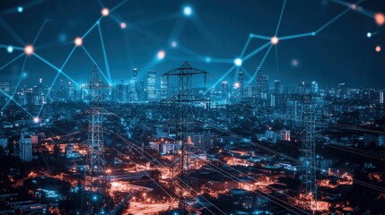 Night Cityscape with Power Lines and Network Connections