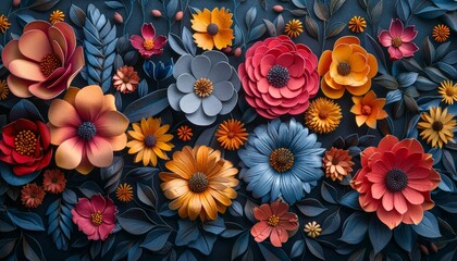 Bold 3D floral assortment with rich colors and intricate patterns on a black backdrop