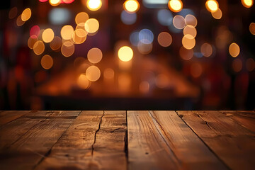 empty brown wooden floor or wood board table with blurred abstract night light bokeh background, copy space for display of product or object presentation