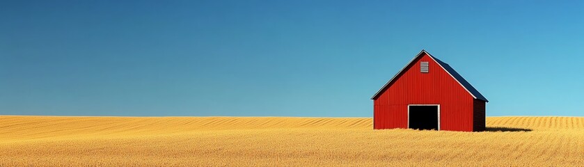 Obraz premium Rustic barn in a vast golden wheat field under a clear blue sky, barn landscape, rural serenity